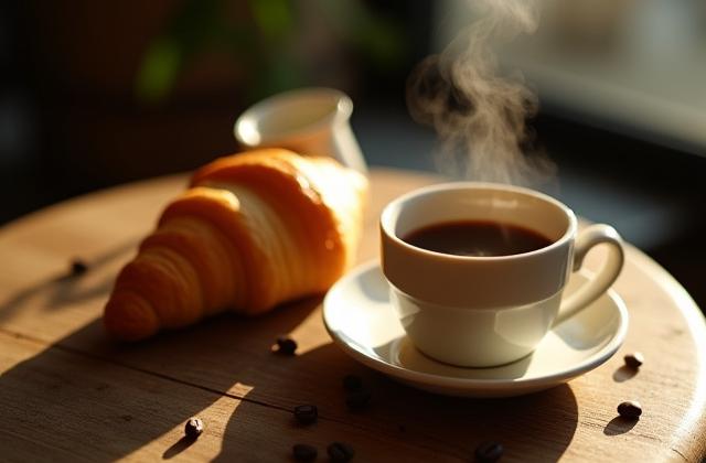 A steaming cup of coffee next to a freshly baked croissant on a cafe table.