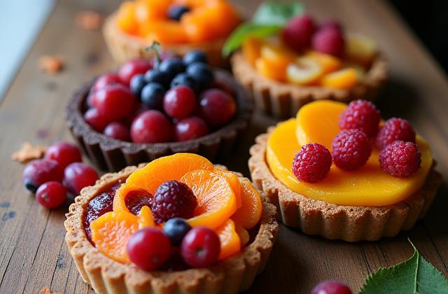 A variety of beautifully arranged seasonal fruit pastries and tarts on a rustic table.