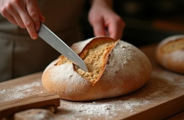 Artisanal sourdough bread with a perfect crust being sliced on a wooden board.