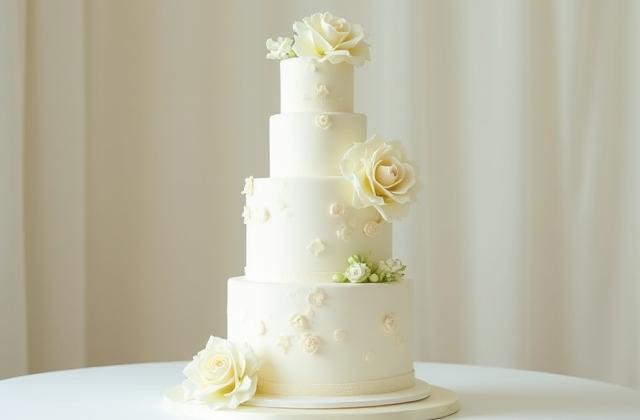An elegantly decorated multi-tiered wedding cake with delicate floral accents.