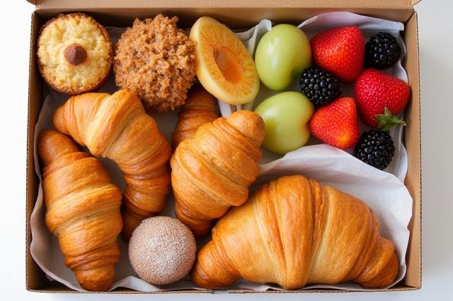 Assortment of fresh pastries, muffins, and a coffee tote for The Breakfast Box package