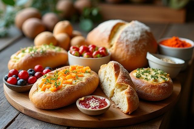 A selection of artisanal bread, pastries, and small bites for a customizable catering menu