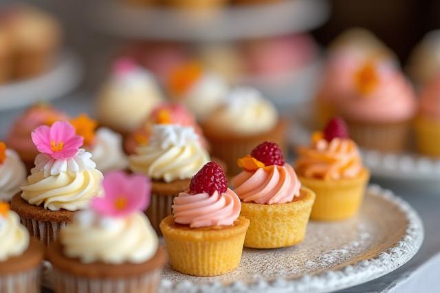 An assortment of mini cakes, delicate tarts, and gourmet cookies arranged beautifully for a dessert table