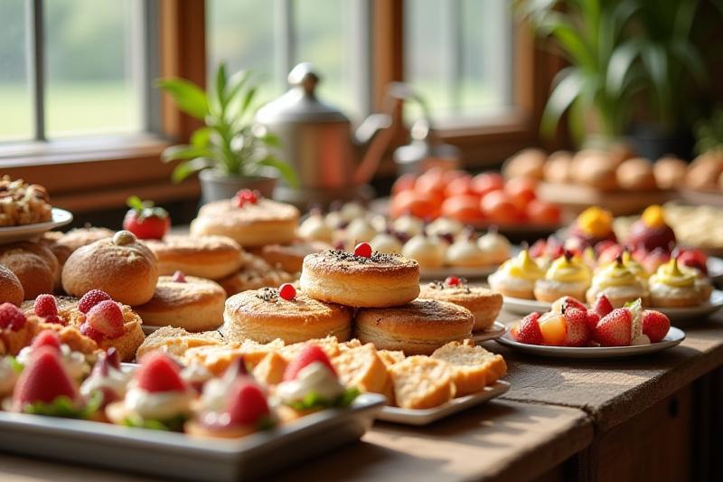 An elegant catering spread with various pastries, mini sandwiches, and fresh fruit