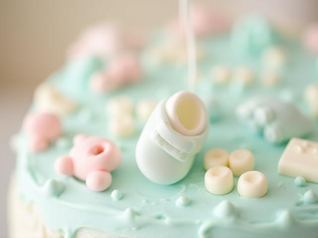 Delicate baby shower cake with pastel colors and baby-themed decorations.