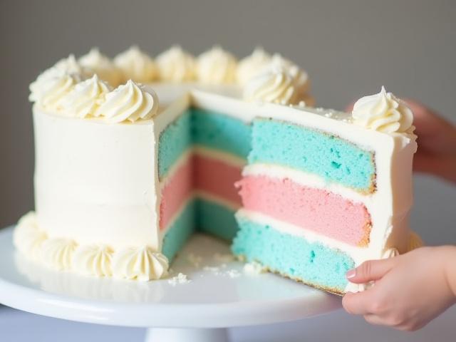 Gender reveal surprise cake with blue and pink frosting inside.