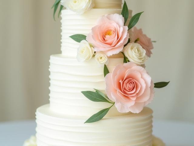 Elegant multi-tiered wedding cake adorned with fresh flowers and delicate frosting.